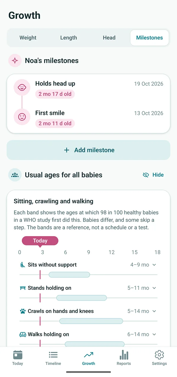 Milestones: first smile and holds head up logged with the baby's age, and the usual ages for sitting, standing, crawling and walking.